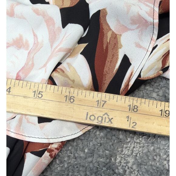 Express blouse top womens S Tie Waist Faux Wrap balloon sleeve brown floral - Picture 3 of 7